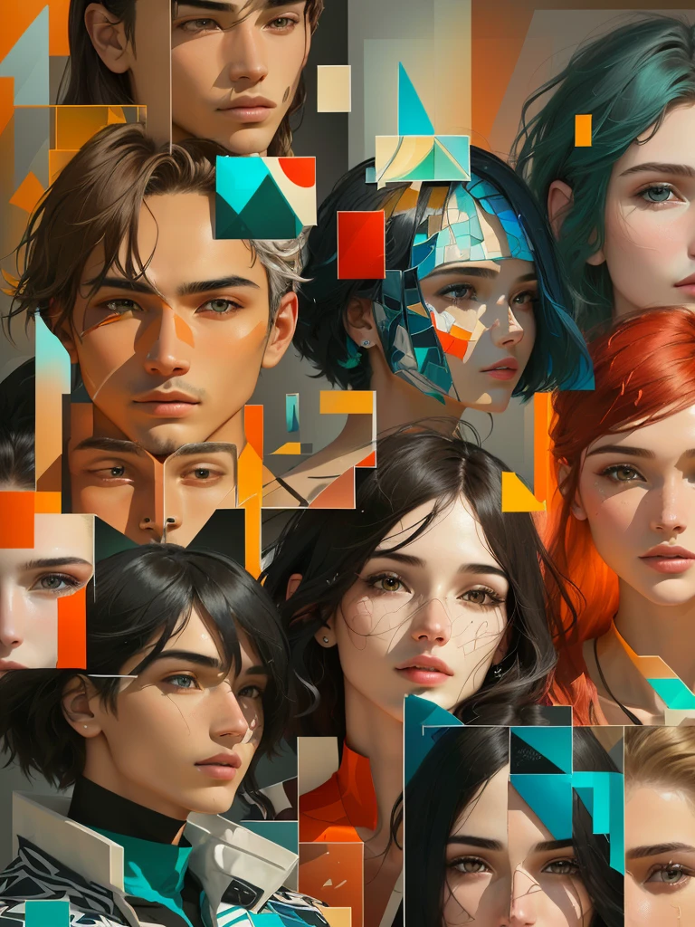 Men and women of varying ages. The layout is a mosaic of overlapping rectangular and square segments, creating a dynamic and visually engaging composition. The faces vary in expression, gender, and age, with some showing close-up details of eyes, lips, and noses, while others display full faces. Men and women of varying ages. The color palette includes a mix of natural skin tones, with overlays of vibrant hues such as red, orange, teal, and blue, adding an abstract and artistic quality to the image. The background consists of fragmented geometric shapes, enhancing the layered and textured appearance of the collage.