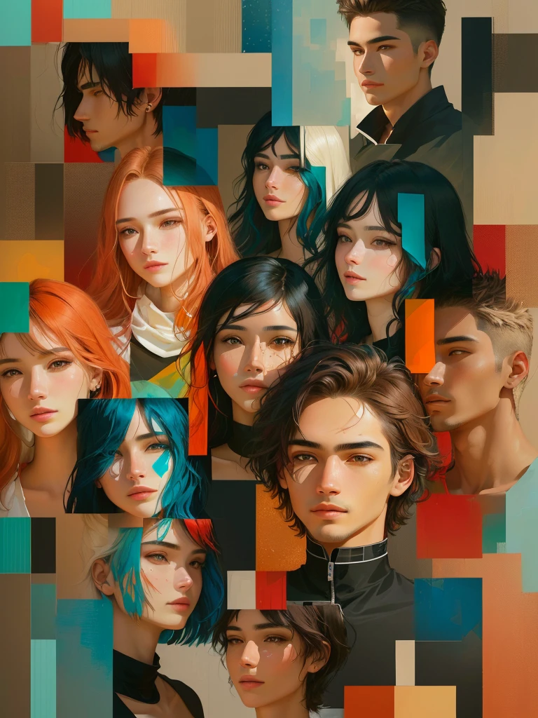 Men and women of varying ages. The layout is a mosaic of overlapping rectangular and square segments, creating a dynamic and visually engaging composition. The faces vary in expression, gender, and age, with some showing close-up details of eyes, lips, and noses, while others display full faces. Men and women of varying ages. The color palette includes a mix of natural skin tones, with overlays of vibrant hues such as red, orange, teal, and blue, adding an abstract and artistic quality to the image. The background consists of fragmented geometric shapes, enhancing the layered and textured appearance of the collage.