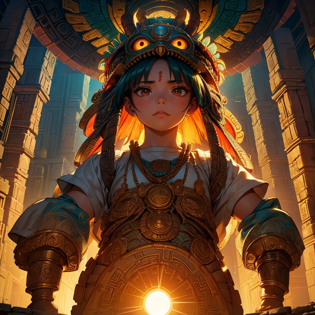 Childish,  high quality、Very detailed、８Year、Mayan Aztec young priestess、Flying Feathered Serpent（Quetzalcoatl Kukulkan）look up at the sky and pray、Chichen Itza Forest Temple of the Sun、mysterious、The whole body is visible
