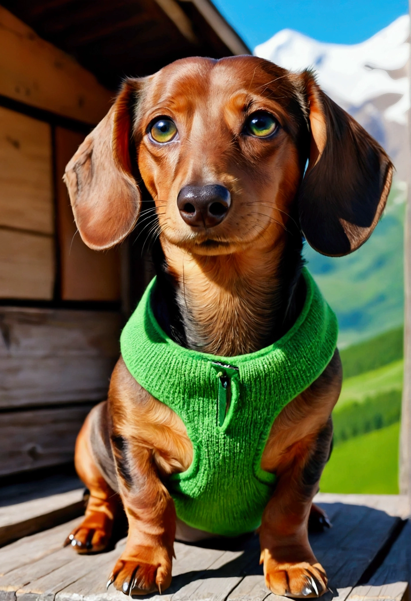 Dachshund in light brown, brown and bright green eyes + in bright colors , Background mountain hut , realistic representation, adorable, fluffy