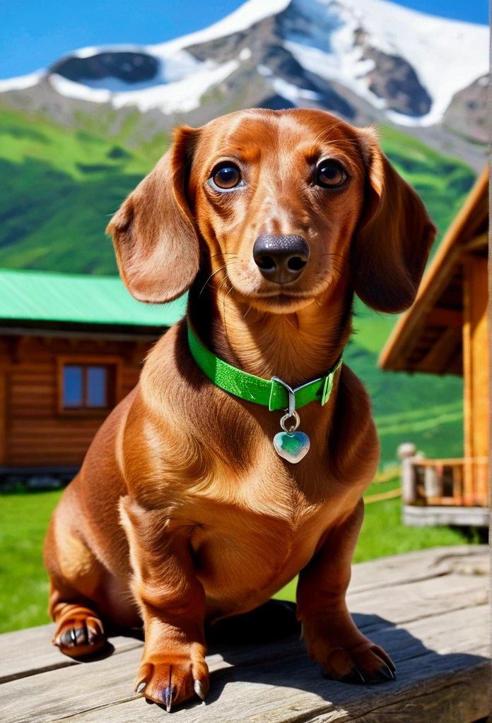 Dachshund in light brown, brown and bright green eyes + in bright colors , Background mountain hut , realistic representation, adorable, fluffy