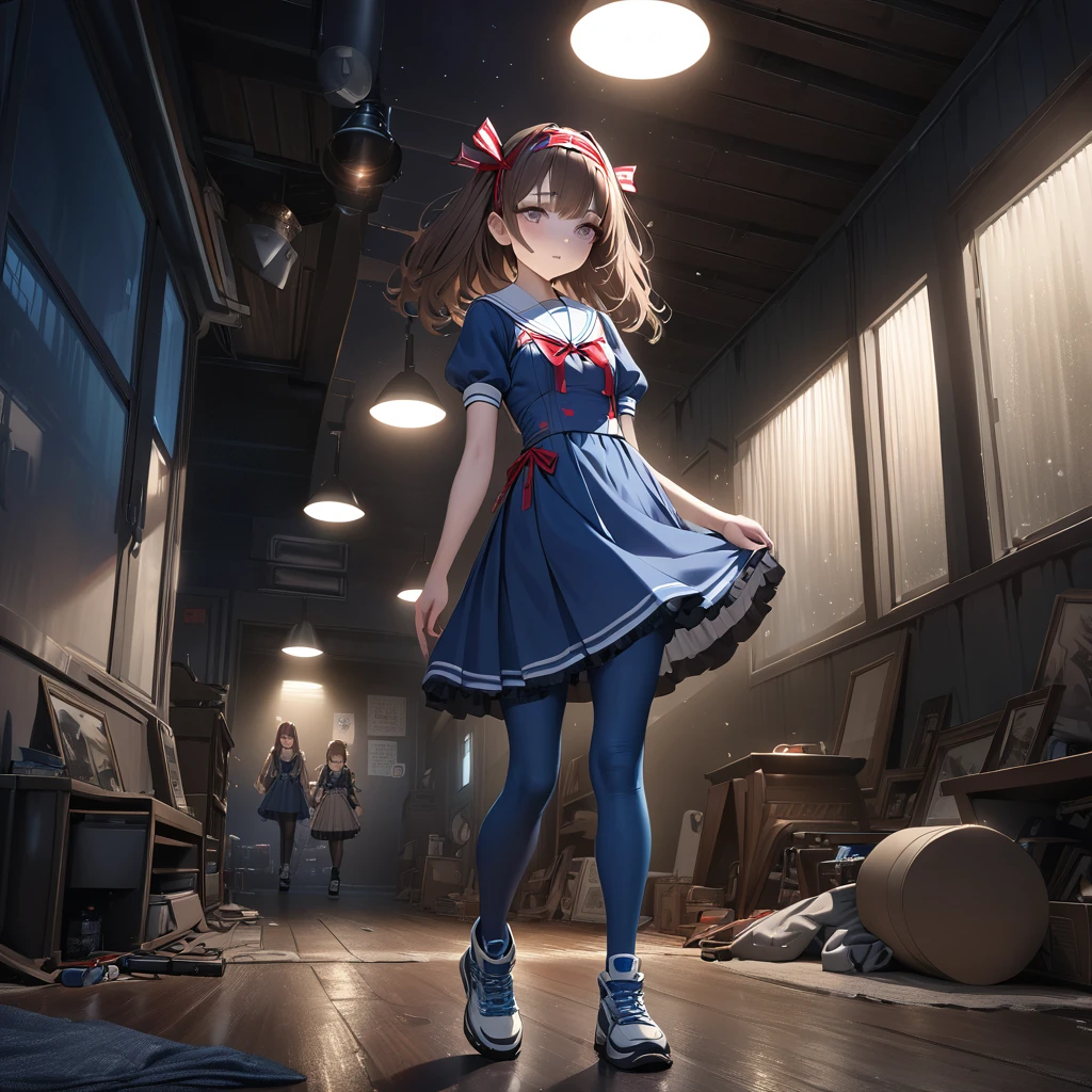 (Highest quality,4K,High resolution),Very detailed,Realistic, Japanese , Long brown hair,mysterious, Ecomodernism, Bokeh, Ribbon Headband,Small breasts,Futuristic Sailor ta Dress,Puff sleeves,White and blue,Colorful lighting, Red ribbon, Dark blue pantyhose,Sports boots, Have a flashlight, Walking alone through a haunted abandoned house, At night, Low Light, darkness, Very detailed, 4K. Blue tights, Skirt flipped up