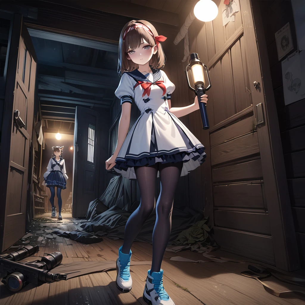 (Highest quality,4K,High resolution),Very detailed,Realistic, Japanese , Long brown hair,mysterious, Ecomodernism, Bokeh, Ribbon Headband,Small breasts,Futuristic Sailor ta Dress,Puff sleeves,White and blue,Colorful lighting, Red ribbon, Dark blue pantyhose,Sports boots, Have a flashlight, Walking alone through a haunted abandoned house, At night, Low Light, darkness, Very detailed, 4K. Blue tights, Skirt flipped up