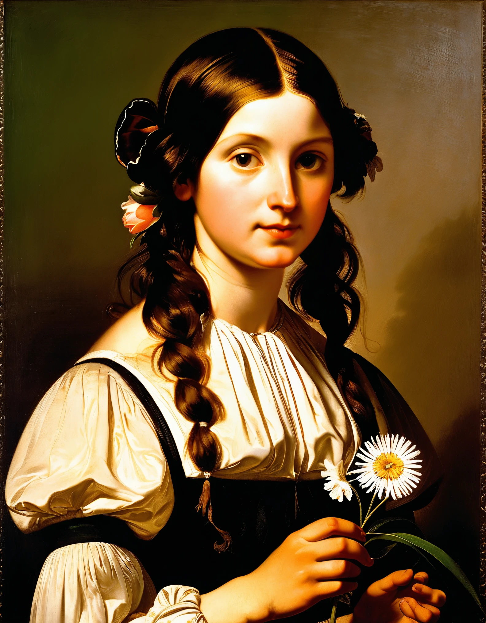 painting of a woman holding a flower in her left hand, inspired by Friedrich von Amerling, inspired by Christoffer Wilhelm Eckersberg, girl with a flower head, by Friedrich von Amerling, portrait of a girl, portrait of a young girl, young girl, a portrait of a girl, by Christoffer Wilhelm Eckersberg, ary scheffer, romanticism portrait