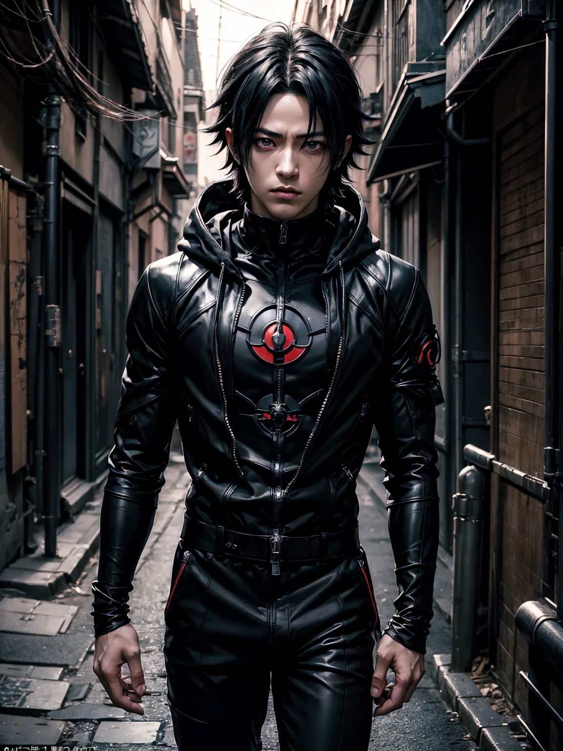 a boy (name:  Sasuke Kabayashi), sexy-lips, Symetrical Eyes, black tight suit, Dark Alley, Black haired, black hooded Cloack,, red left eye and black right eye,mysterious, handsome 