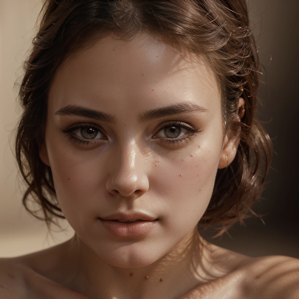 a naked woman with beautiful detailed eyes, beautiful detailed lips, extremely detailed face and skin, long eyelashes, graceful pose, natural lighting, cinematic composition, dramatic chiaroscuro, warm muted colors, oil painting style, museum quality, (best qual