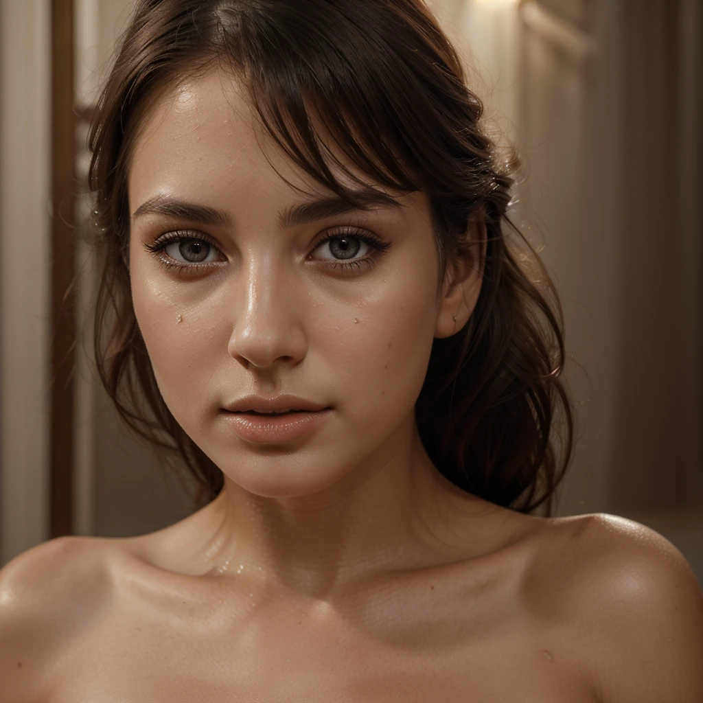 a naked woman with beautiful detailed eyes, beautiful detailed lips, extremely detailed face and skin, long eyelashes, graceful pose, natural lighting, cinematic composition, dramatic chiaroscuro, warm muted colors, oil painting style, museum quality, (best qual