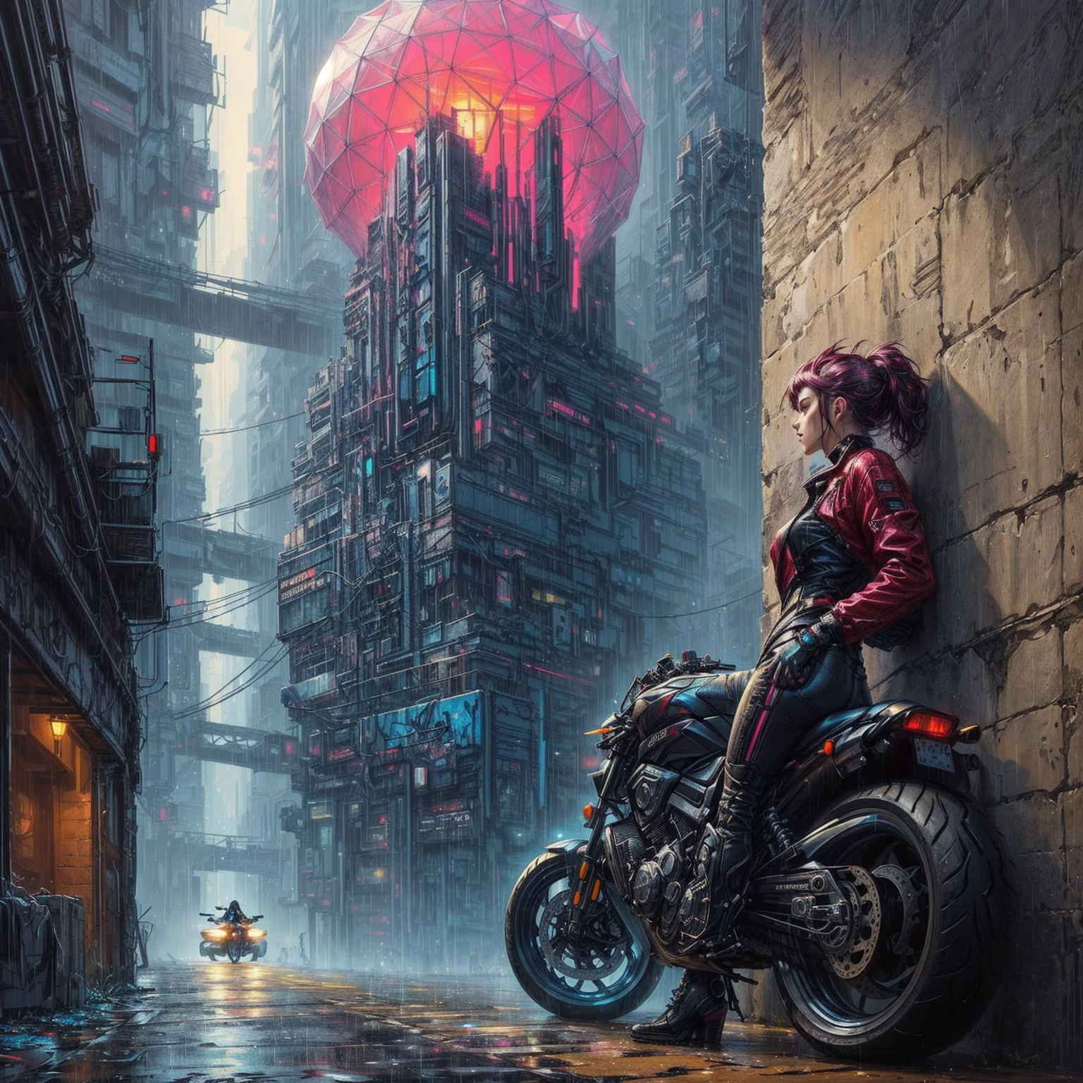 There is a woman sitting on a motorcycle in the rain, cyberpunk themed art, Cyberpunk Art style, sitting on cyberpunk motorbike, Greg Beeple, in cyberpunk city, 8 0's style tomasz alen kopera, Cyberpunk Art, Detailed cyberpunk illustration, fantasy cyberpunk, advanced digital Cyberpunk Art, cyberpunk in a cyberpunk city, in a cyberpunk city, high quality Cyberpunk Art