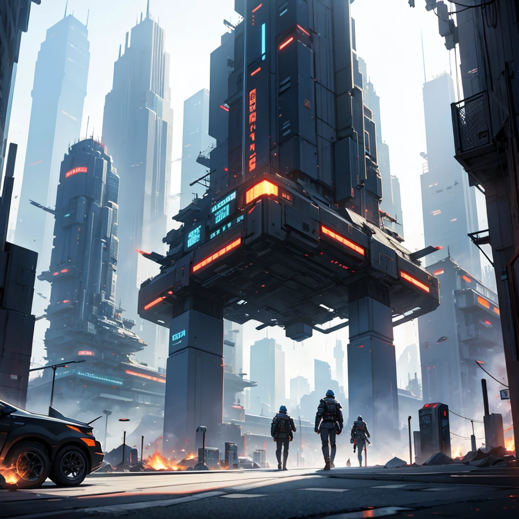 futuristic city, battle between two sides. A observes the situation.