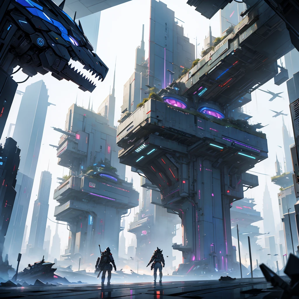 futuristic city, battle between two sides. A  observes the situation.