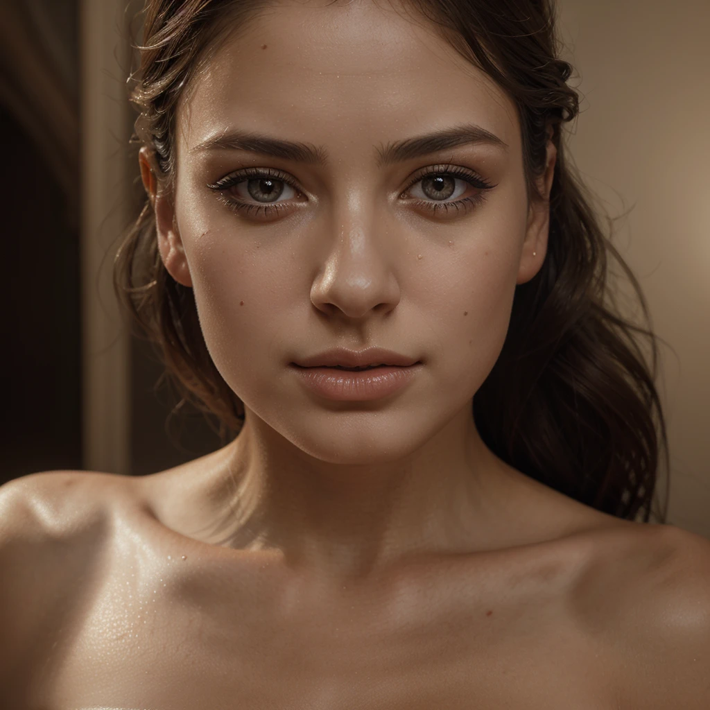 A beautiful woman with a generous bust, beginning to undress, sensual, sexy, 1girl, detailed face, beautiful detailed eyes, beautiful detailed lips, extremely detailed face and skin, high quality, detailed rendering, cinematic lighting, warm color palette, photorealistic, chiaroscuro, dramatic lighting, oil painting, masterpiece