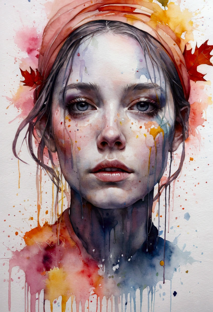 1girl, a painting by mse a woman by agnes cecile, luminous design, pastel colours, ink drips, autumn lights