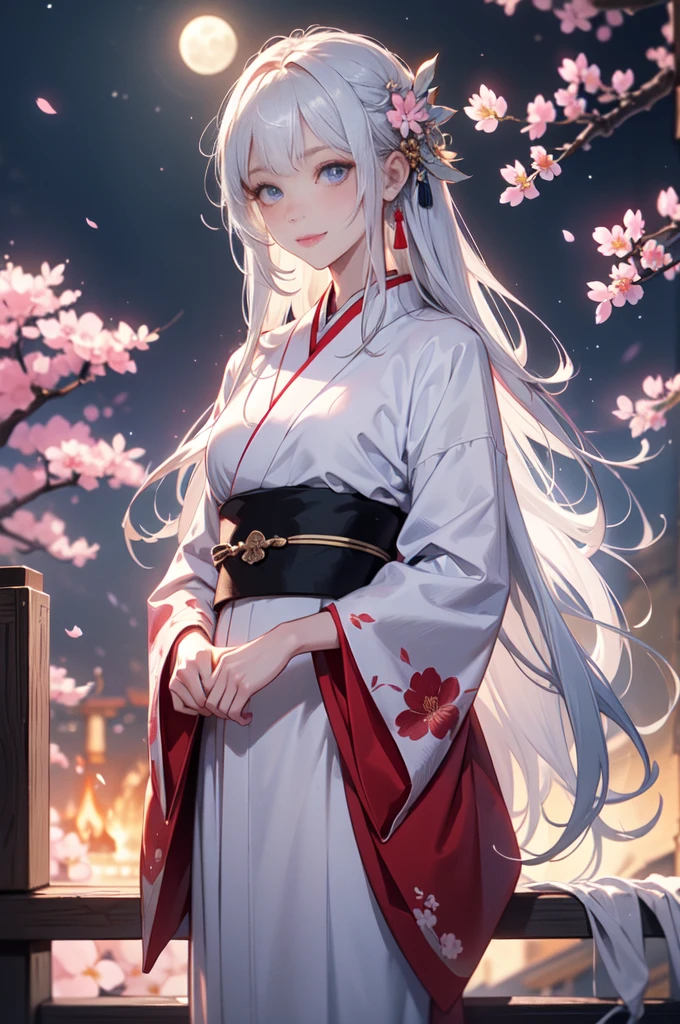 one young man,long white hair,blue eyes,Smiling softly,Gentle face,Looking at the camera,Smooth white skin,Wear a kimono,cherry blossoms,Night atmosphere,full moon,Sharp picture,Sharp graphics,4K,Half Dragon,chinese dragon,ancient era,Flames around me