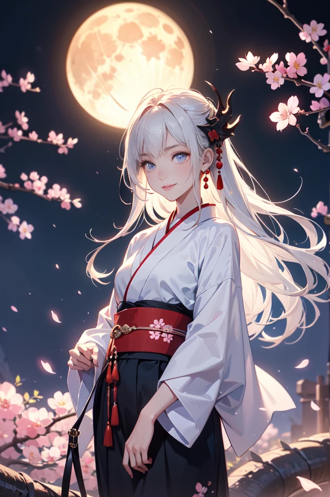 one young man,long white hair,blue eyes,Smiling softly,Gentle face,Looking at the camera,Smooth white skin,Wear a kimono,cherry blossoms,Night atmosphere,full moon,Sharp picture,Sharp graphics,4K,Half Dragon,chinese dragon,ancient era,Flames around me