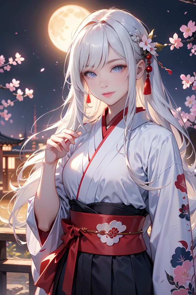 one young man,long white hair,blue eyes,Smiling softly,Gentle face,Looking at the camera,Smooth white skin,Wear a kimono,cherry blossoms,Night atmosphere,full moon,Sharp picture,Sharp graphics,4K,Half Dragon,chinese dragon,ancient era,Flames around me
