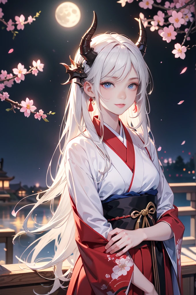 one young man,long white hair,blue eyes,Smiling softly,Gentle face,Looking at the camera,Smooth white skin,Wear a kimono,cherry blossoms,Night atmosphere,full moon,Sharp picture,Sharp graphics,4K,Half Dragon,chinese dragon,ancient era,Flames around me