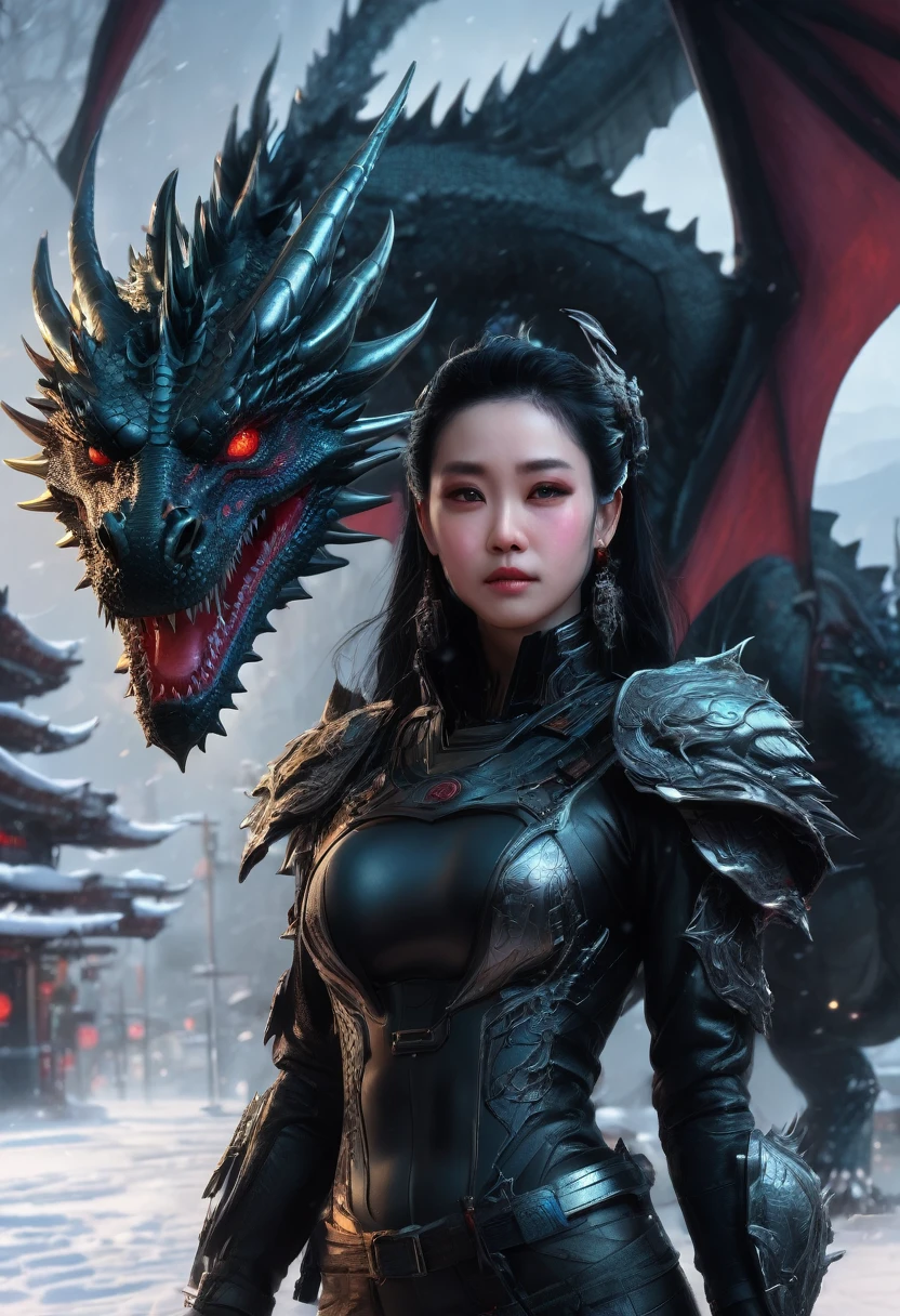 a woman dressed in black and a dragon on a snowy day, Cyberpunk art by Yang J., CGSOCIETY contest winner, Fantasy Art, cyborg dragon, karol behind uhd, detailed fantasy digital art, great digital art with details, highly detailed Fantasy Art, trending digital Fantasy Art, detailed Fantasy Art, 4k Fantasy Art, beautiful digital artwork
