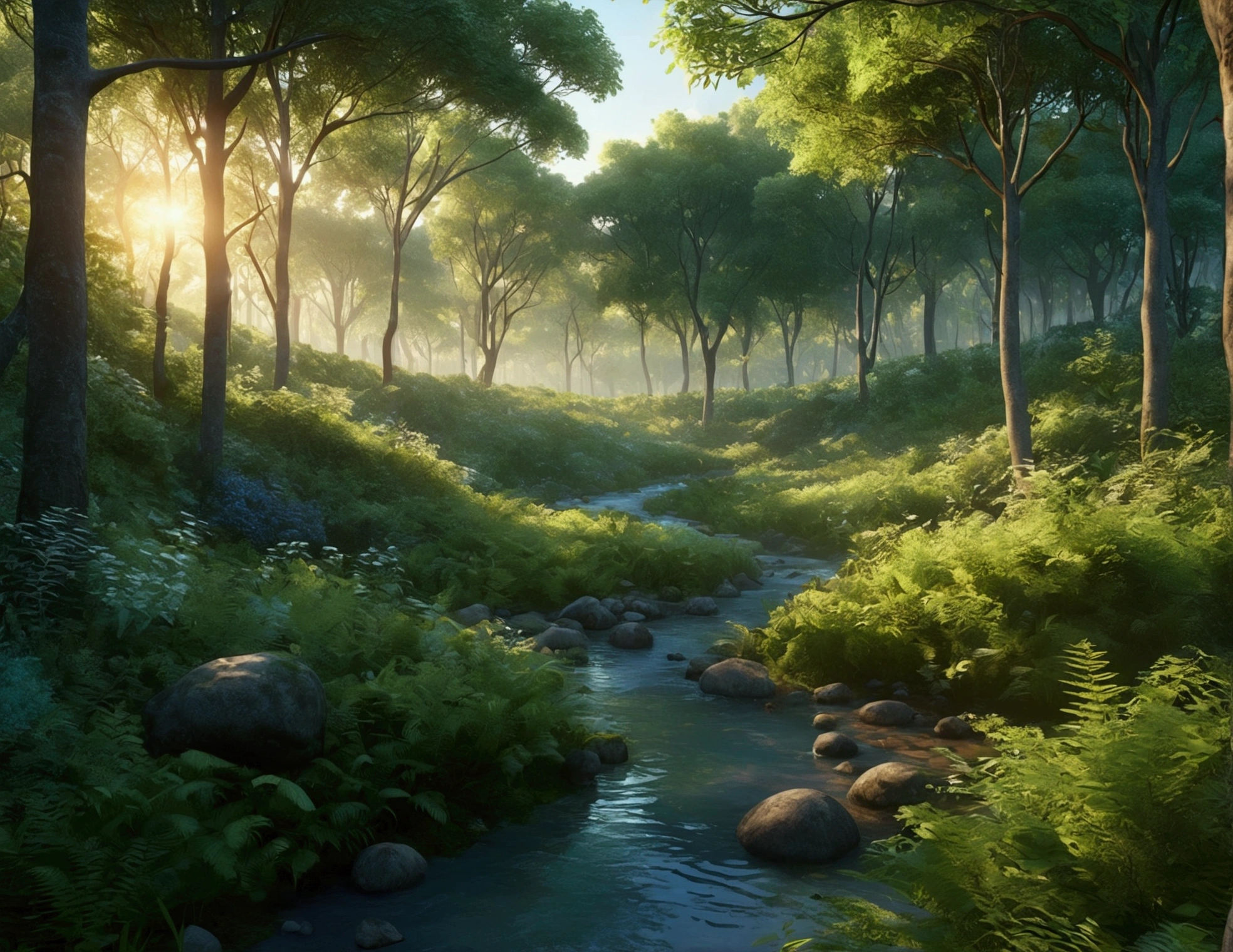 A hyperrealistic photograph of a magical Woods at dawn. Lush green trees tower over a clearing bathed in the warm glow of the rising sun, blue beautiful little stream. 8k, 3d like, animation style, cute and adorable, cinematic.