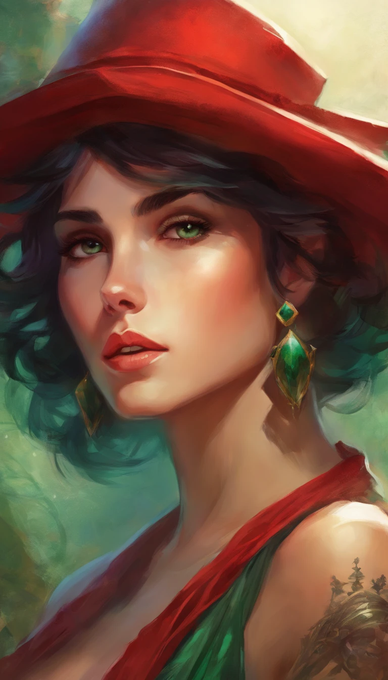 A young brunette with a short haircut and tattooed arms poses in a red hat with large emerald earrings. Her lips are slightly parted in a slight smile, and the gaze is directed into the distance, through the lepes