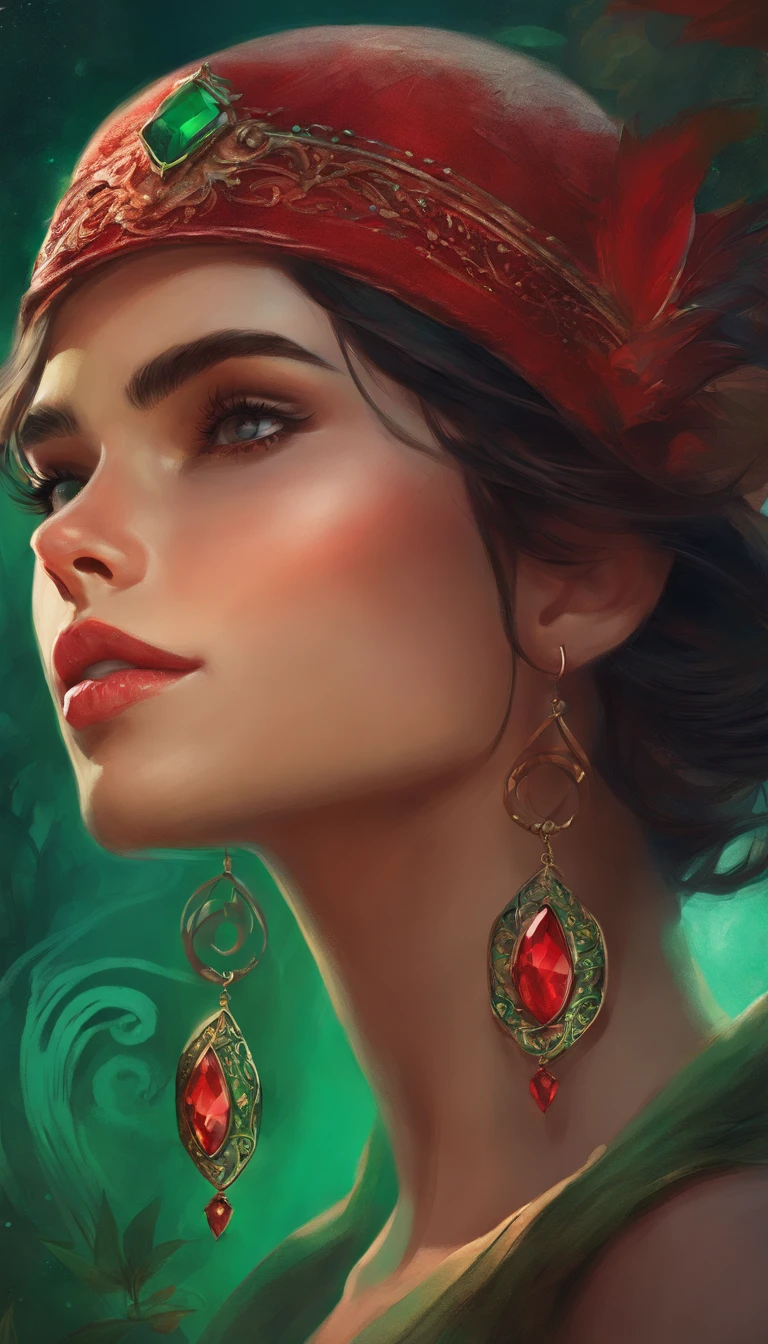A young brunette with a short haircut and tattooed arms poses in a red hat with large emerald earrings. Her lips are slightly parted in a slight smile, and the gaze is directed into the distance, through the lepes