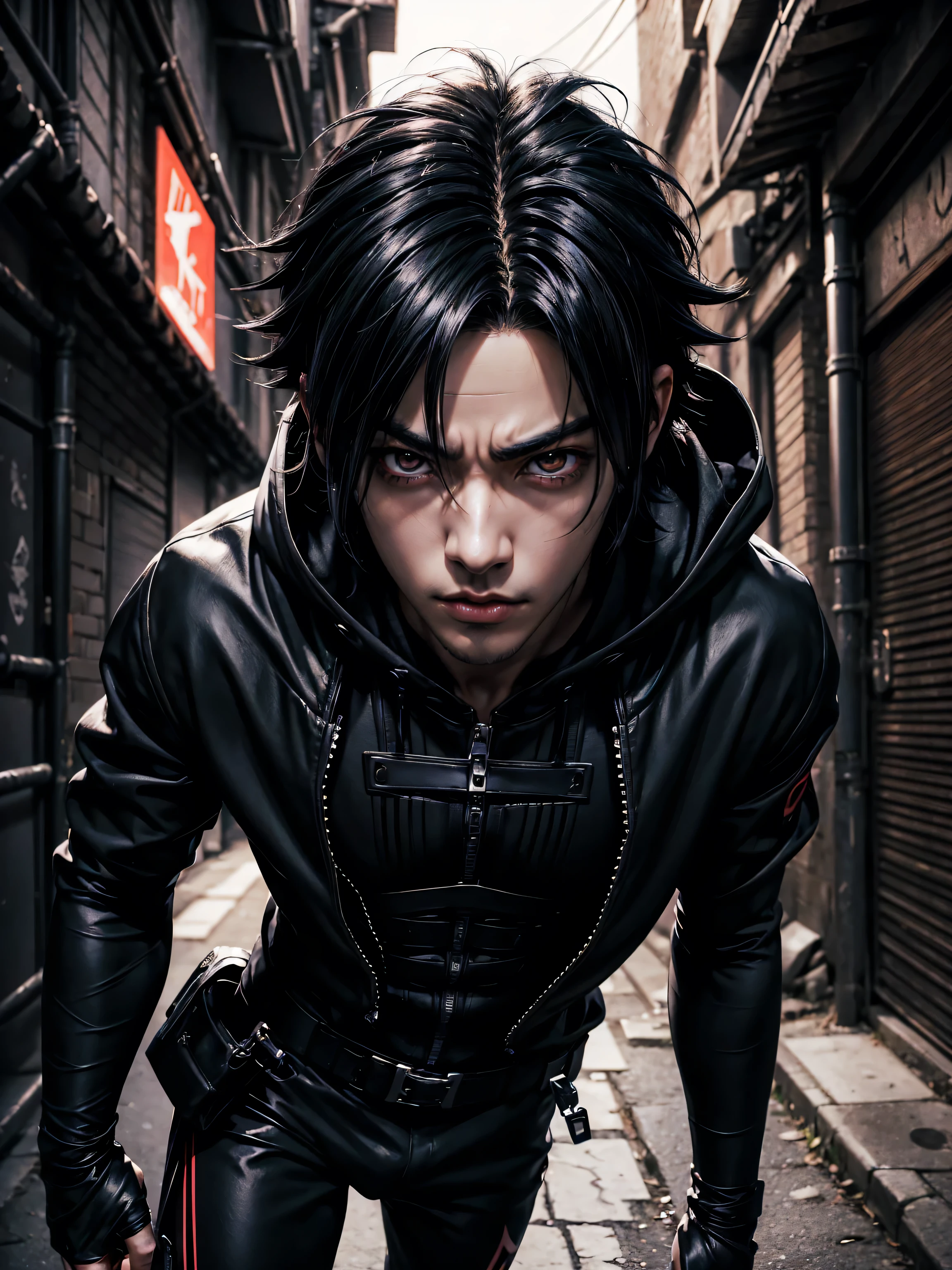 a boy (name: Sasuke Kabayashi), sexy-lips, Symetrical Eyes, black tight suit, Dark Alley, Black haired, black hooded Cloack,, red left eye and black right eye,mysterious, handsome, a little bit muscular.