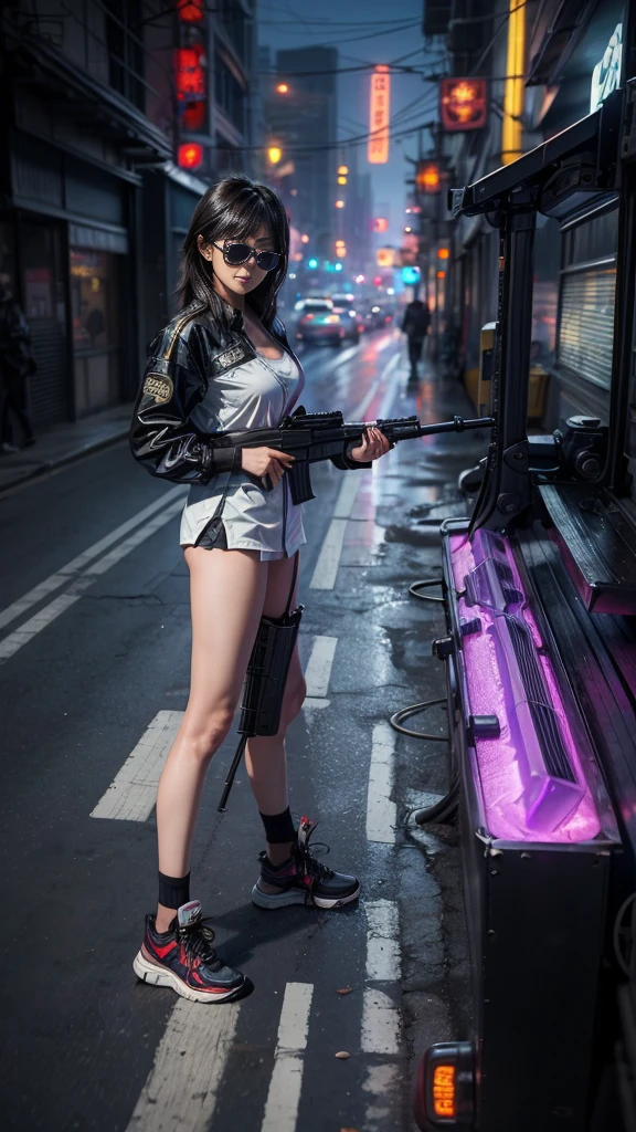 ８k, Realistic skin texture, Realistic photo, Neo Tokyo, Japanese women ,big thighs, big breasts:1.3 cleavage, ＡＤ2050 at night, Dirty hunting jacket, Wear shirt, short skirt, ( ((tiny black sunglasses, automatic rifle, sneakers, cold, photo pose, low angle))), Creative composition, revenge, An old 1966 Ford Bronco looks out of place in city, cyberpunk, sword runner worldview, Big Neon Sign, Geisha Hologram Sign, Powerful Wakamoto Sign.