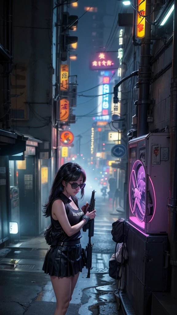 ８k, Realistic skin texture, Realistic photo, Neo Tokyo, Japanese women ,big thighs, big breasts:1.3 cleavage, ＡＤ2050 at night, Dirty hunting jacket, Wear shirt, short skirt, ( ((tiny black sunglasses, automatic rifle, sneakers, cold, photo pose, low angle))), Creative composition, revenge, An old 1966 Ford Bronco looks out of place in city, cyberpunk, sword runner worldview, Big Neon Sign, Geisha Hologram Sign, Powerful Wakamoto Sign.