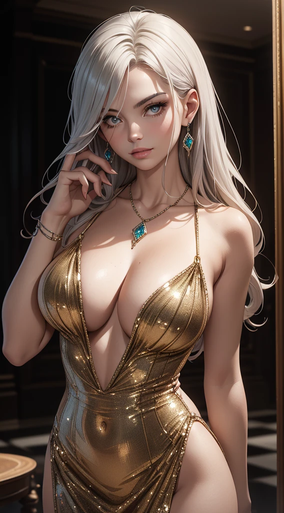 a beautiful, slim, fit woman, wearing a fancy, stylish sequin dress, with intricate and highly detailed design, long silver hair, body chain, and jewelry, (best quality, 4k, 8k, highres, masterpiece:1.2), ultra-detailed, (realistic, photorealistic, photo-realistic:1.37), dynamic pose, dramatic lighting, cinematic, chiaroscuro, elegant, glamorous, seductive