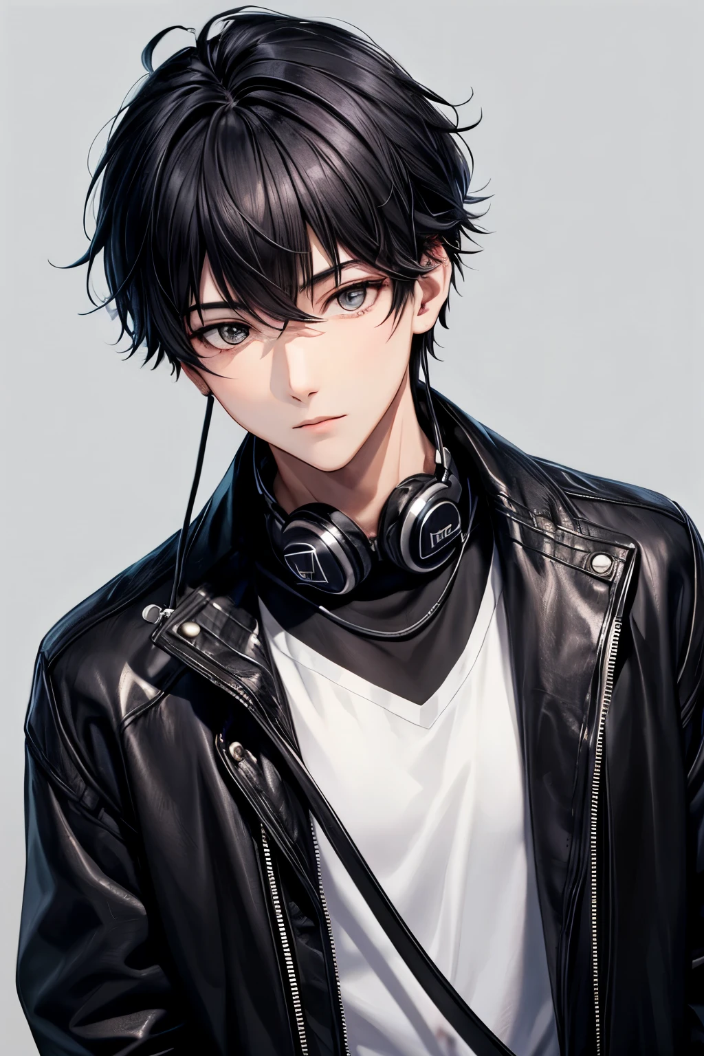 M-type, black hair, boy、Wolf Cut, Slanted Eyes, earphone, 