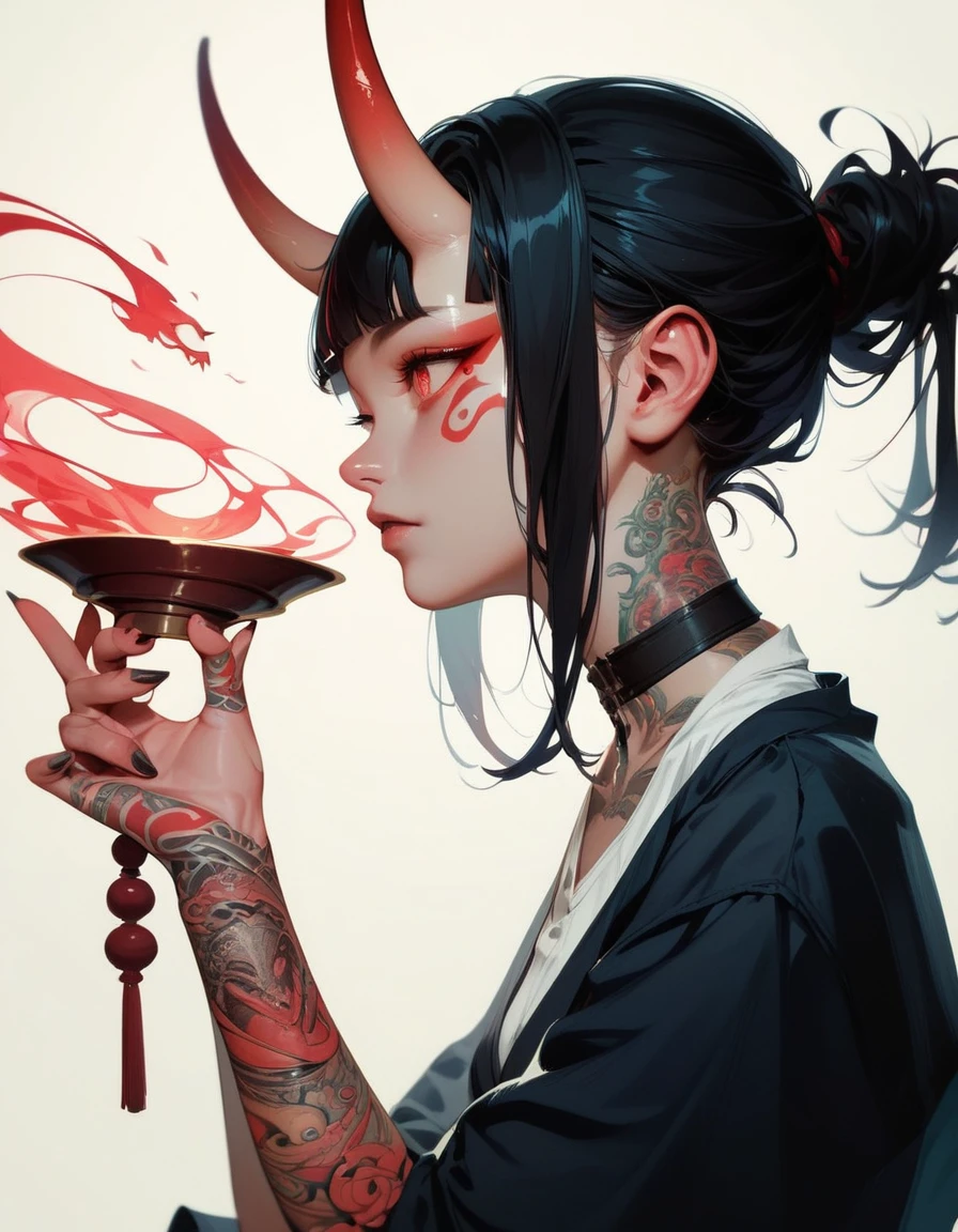 (score_9, score_8_up, score_7_up), zPDXL, 1 girl, alone, profile, pensive look, simple background, dark room, sitting on chair, snake eyes, upper body, tied hair, black hair, simple clothes, horns, white shirt, holding incense in hand, tattoos, incense releasing smoke, black choker, background of a room, red oni horns, face resting on hand, black kimono, blunt bangs, dark aura, tattoos all over body, side view