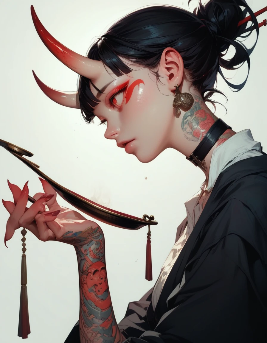 (score_9, score_8_up, score_7_up), zPDXL, 1 girl, alone, profile, pensive look, simple background, dark room, sitting on chair, snake eyes, upper body, tied hair, black hair, simple clothes, horns, white shirt, holding incense in hand, tattoos, incense releasing smoke, black choker, background of a room, red oni horns, face resting on hand, black kimono, blunt bangs, dark aura, tattoos all over body, side view