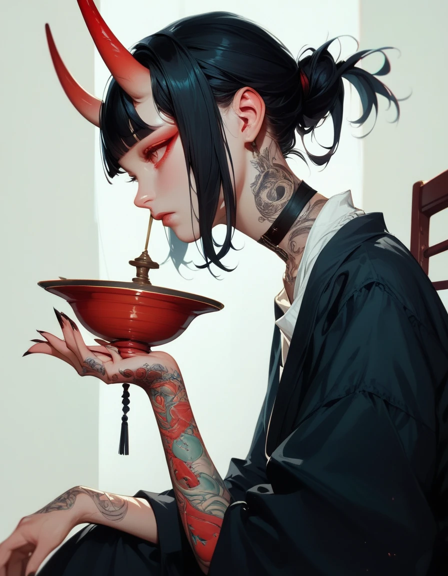 (score_9, score_8_up, score_7_up), zPDXL, 1 girl, alone, profile, pensive look, simple background, dark room, sitting on chair, snake eyes, upper body, tied hair, black hair, simple clothes, horns, white shirt, holding incense in hand, tattoos, incense releasing smoke, black choker, background of a room, red oni horns, face resting on hand, black kimono, blunt bangs, dark aura, tattoos all over body, side view