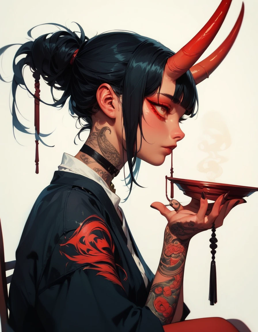 (score_9, score_8_up, score_7_up), zPDXL, 1 girl, alone, profile, pensive look, simple background, dark room, sitting on chair, snake eyes, upper body, tied hair, black hair, simple clothes, horns, white shirt, holding incense in hand, tattoos, incense releasing smoke, black choker, background of a room, red oni horns, face resting on hand, black kimono, blunt bangs, dark aura, tattoos all over body, side view