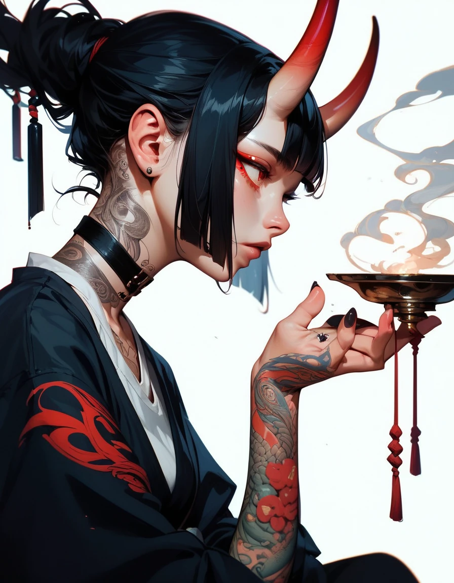 (score_9, score_8_up, score_7_up), zPDXL, 1 girl, alone, profile, pensive look, simple background, dark room, sitting on chair, snake eyes, upper body, tied hair, black hair, simple clothes, horns, white shirt, holding incense in hand, tattoos, incense releasing smoke, black choker, background of a room, red oni horns, face resting on hand, black kimono, blunt bangs, dark aura, tattoos all over body, side view