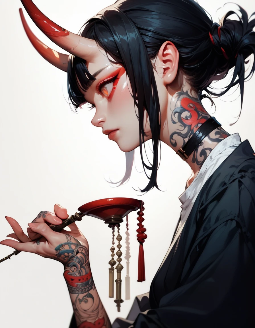 (score_9, score_8_up, score_7_up), zPDXL, 1 girl, alone, profile, pensive look, simple background, dark room, sitting on chair, snake eyes, upper body, tied hair, black hair, simple clothes, horns, white shirt, holding incense in hand, tattoos, incense releasing smoke, black choker, background of a room, red oni horns, face resting on hand, black kimono, blunt bangs, dark aura, tattoos all over body, side view