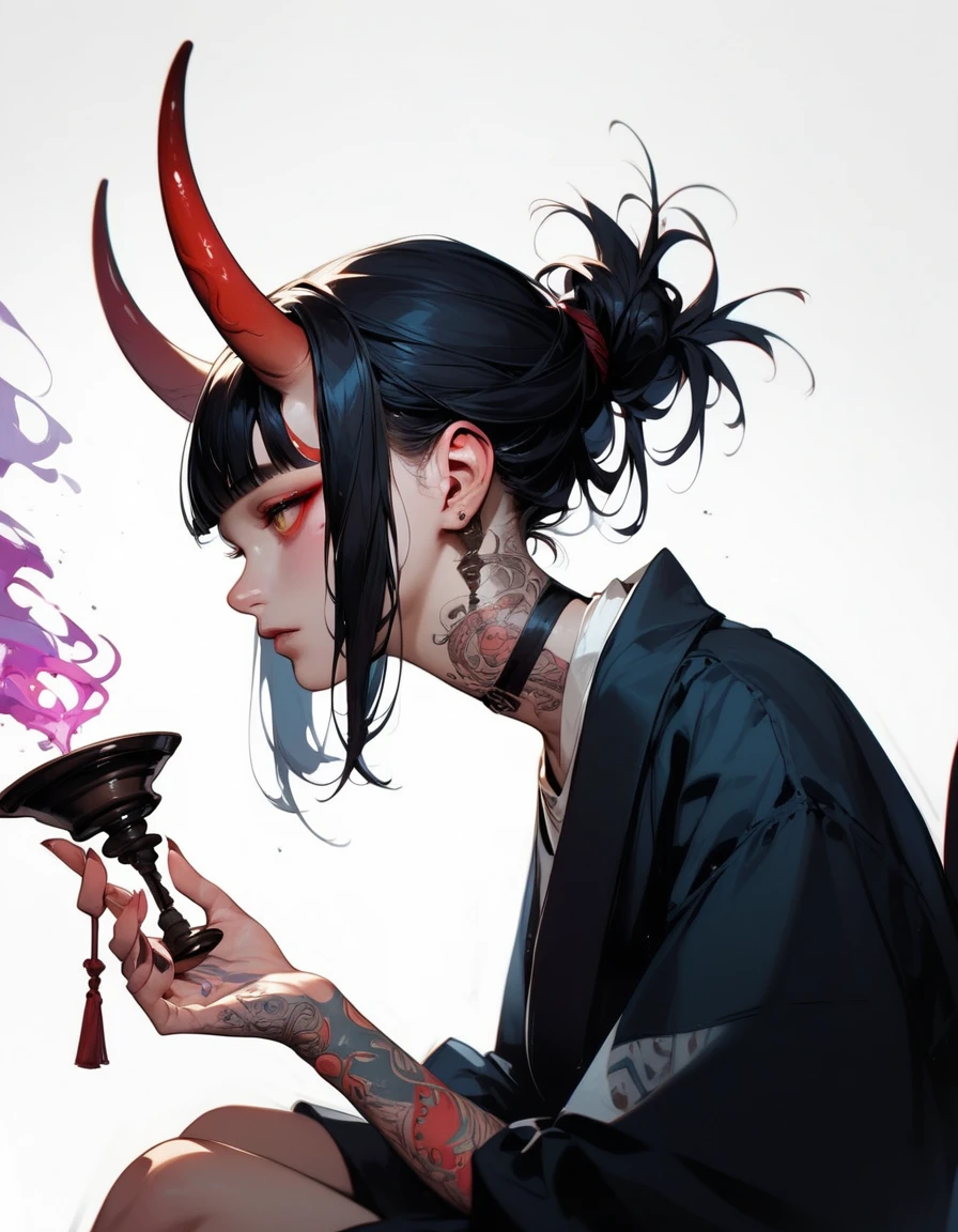 (score_9, score_8_up, score_7_up), zPDXL, 1 girl, alone, profile, pensive look, simple background, dark room, sitting on chair, snake eyes, upper body, tied hair, black hair, simple clothes, horns, white shirt, holding incense in hand, tattoos, incense releasing smoke, black choker, background of a room, red oni horns, face resting on hand, black kimono, blunt bangs, dark aura, tattoos all over body, side view