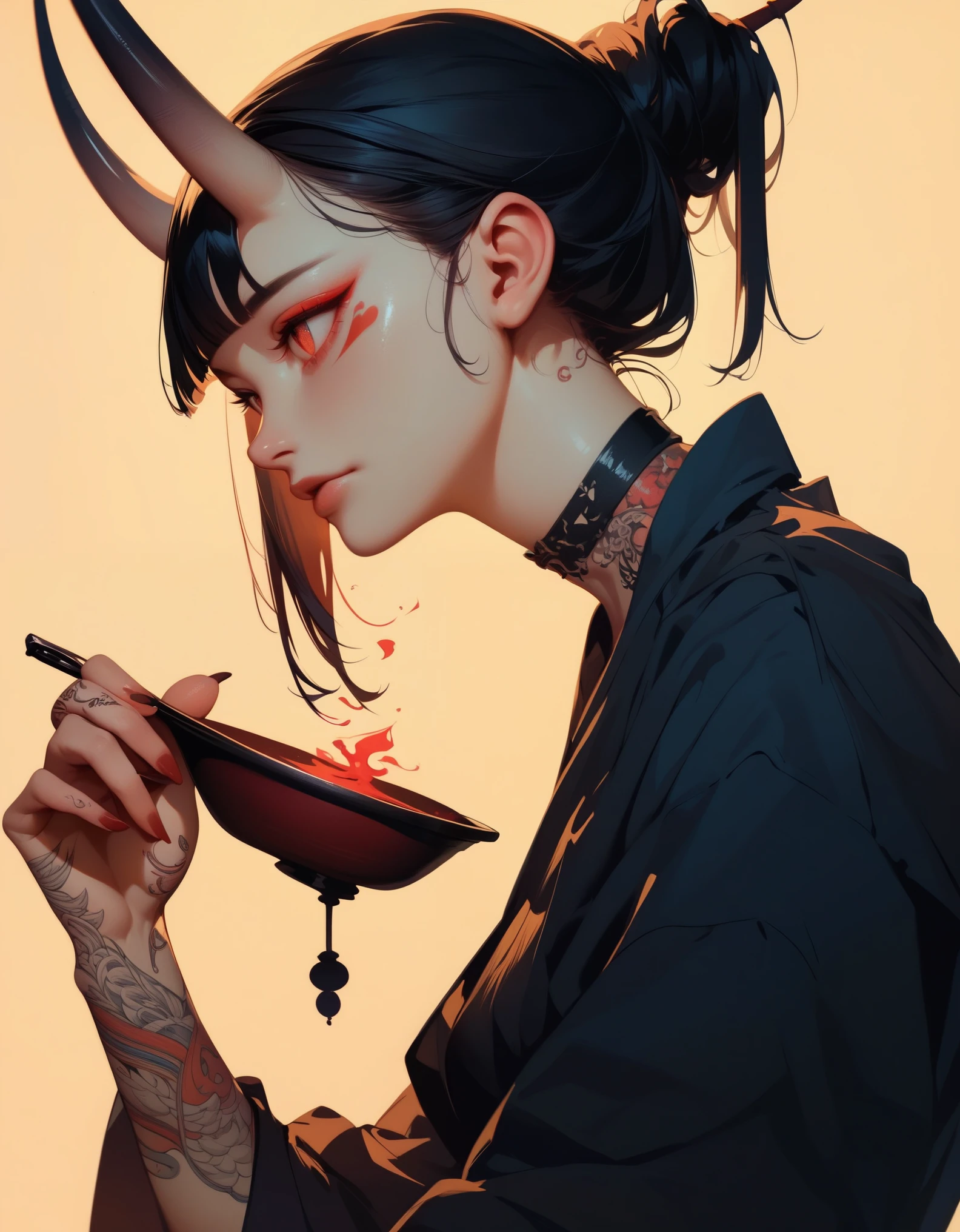 (score_9, score_8_up, score_7_up), zPDXL, 1 girl, alone, profile, pensive look, simple background, dark room, sitting on chair, snake eyes, upper body, tied hair, black hair, simple clothes, horns, white shirt, holding incense in hand, tattoos, incense releasing smoke, black choker, background of a room, red oni horns, face resting on hand, black kimono, blunt bangs, dark aura, tattoos all over body, side view