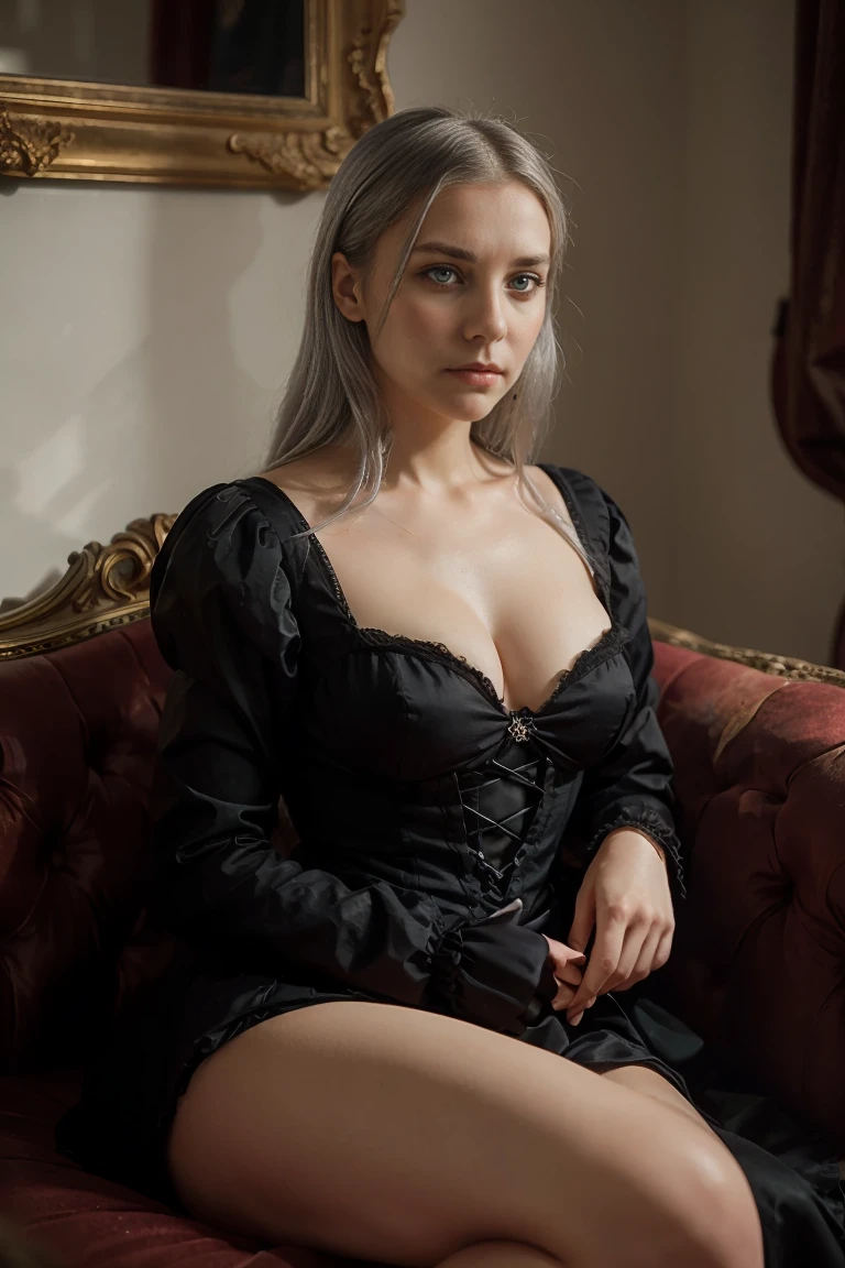 Silver-haired woman with golden eyes, wearing Victorian era black gown, sitting with a tired expression .