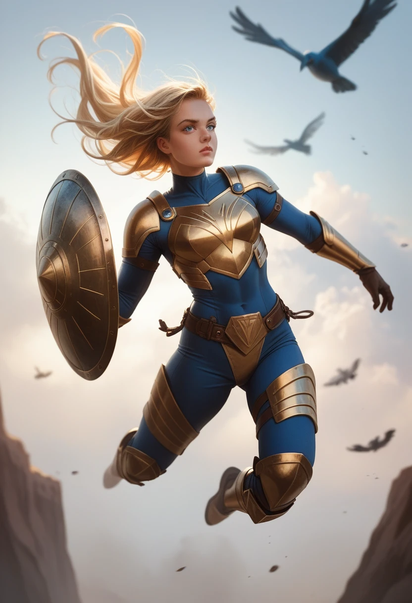 Female superhero, blonde hair, golden and black armor, flying, wearing round shield, blue eyes