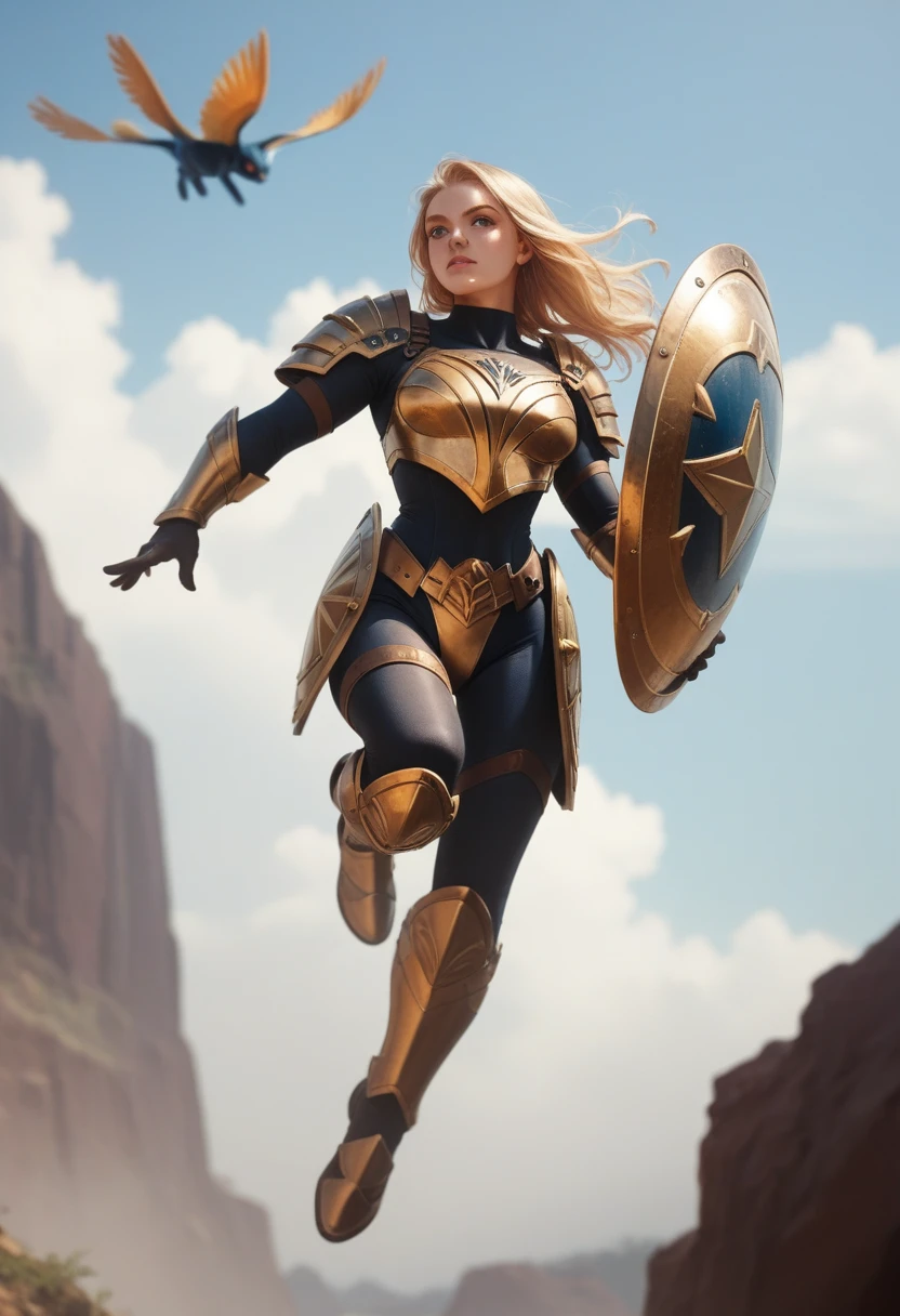 Female superhero, blonde hair, golden and black armor, flying, wearing round shield, blue eyes