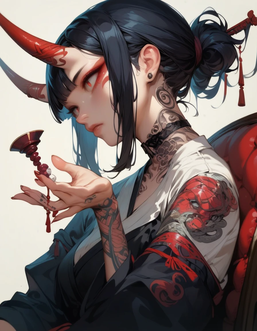 (score_9, score_8_up, score_7_up), zPDXL, 1 girl, alone, profile, pensive look, simple background, dark room, sitting on chair, snake eyes, upper body, tied hair, black hair, simple clothes, horns, white shirt, holding incense in hand, tattoos, incense releasing smoke, black choker, background of a room, red oni horns, face resting on hand, black kimono, blunt bangs, dark aura, tattoos all over body, side view