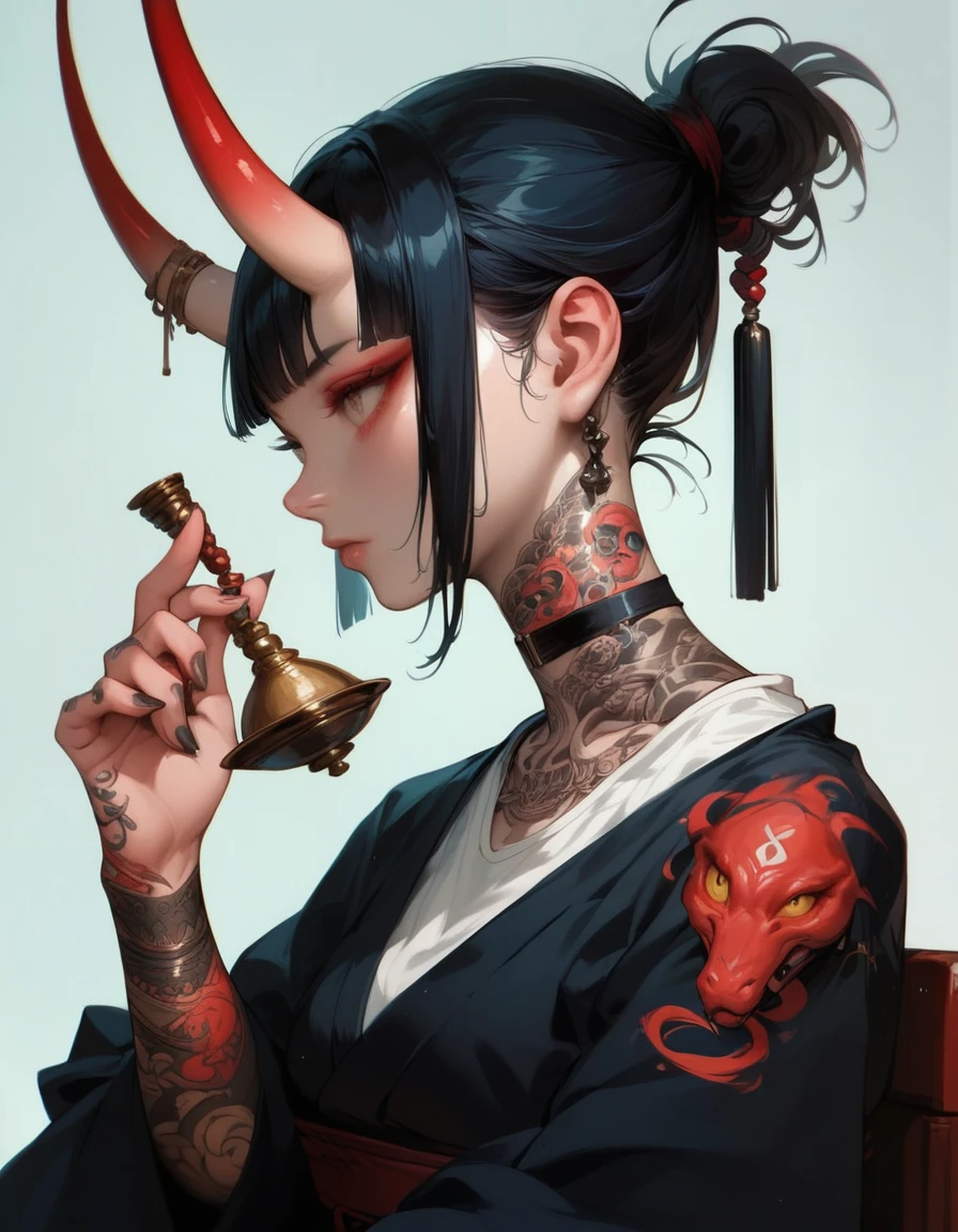 (score_9, score_8_up, score_7_up), zPDXL, 1 girl, alone, profile, pensive look, simple background, dark room, sitting on chair, snake eyes, upper body, tied hair, black hair, simple clothes, horns, white shirt, holding incense in hand, tattoos, incense releasing smoke, black choker, background of a room, red oni horns, face resting on hand, black kimono, blunt bangs, dark aura, tattoos all over body, side view