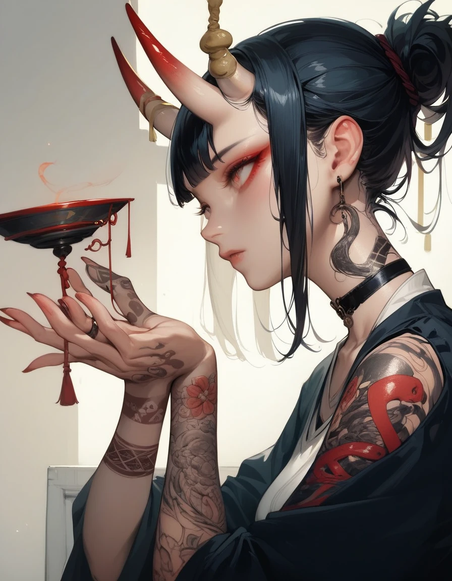 (score_9, score_8_up, score_7_up), zPDXL, 1 girl, alone, profile, pensive look, simple background, dark room, sitting on chair, snake eyes, upper body, tied hair, black hair, simple clothes, horns, white shirt, holding incense in hand, tattoos, incense releasing smoke, black choker, background of a room, red oni horns, face resting on hand, black kimono, blunt bangs, dark aura, tattoos all over body, side view
