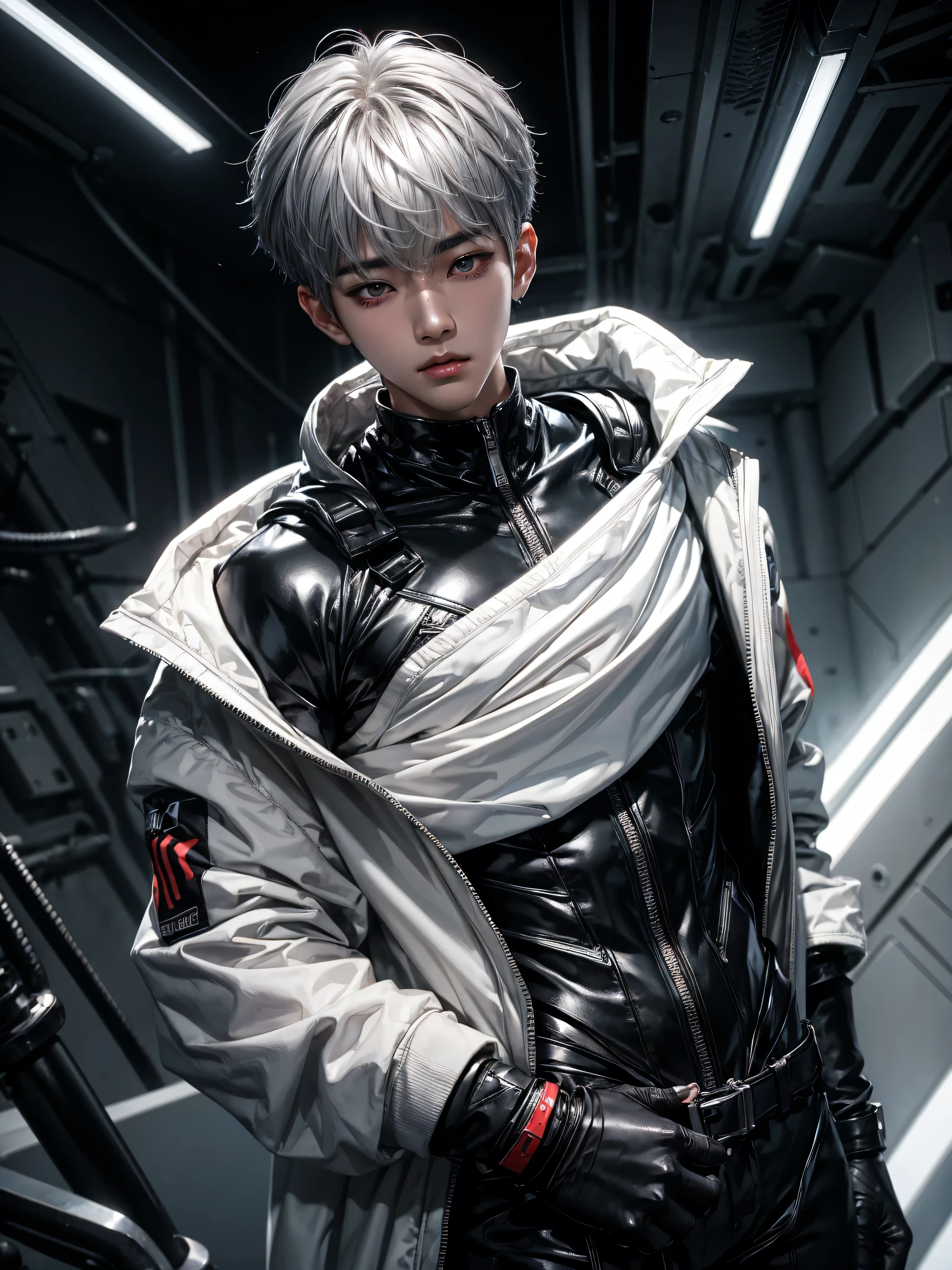 a boy (name: Park Hyungseok), sexy-lips, Symetrical Eyes, black tight suit, In an Hidden Base, Silver haired, White hooded Cloack,, red left eye and black right eye,mysterious, handsome, a little bit muscular.