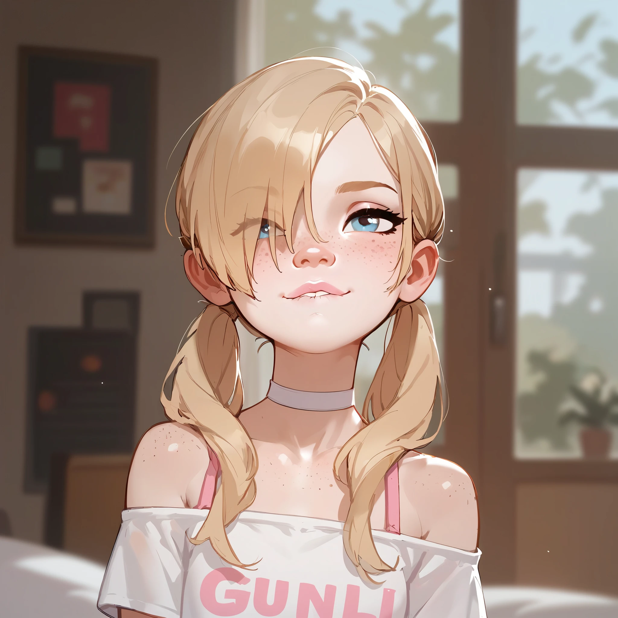 score_9,score_8_up,score_7_up,score_6_up,score_5_up,score_4_up,
1girl, pretty girl, blonde hair, in twintails, hair over 1 eye, cute nose. biting lip, seductive, white choker, pink lips, freckles,