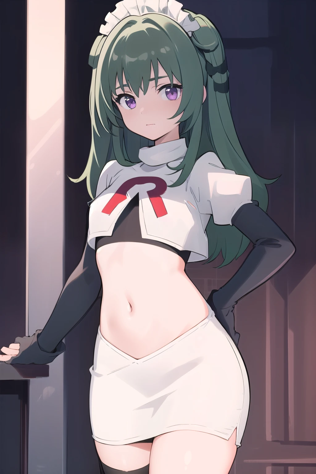 (best quality:1.3),(masterpiece:1.3),(illustration:1.3),(ultra-detailed:1.3),(imid shot:0.9),
1girl,solo,short neck,small breasts,
purple eyes,
twintails, maid headdress,green hair, team rocket,team rocket uniform,white skirt,red letter R,crop top,black thigh-highs,black elbow gloves