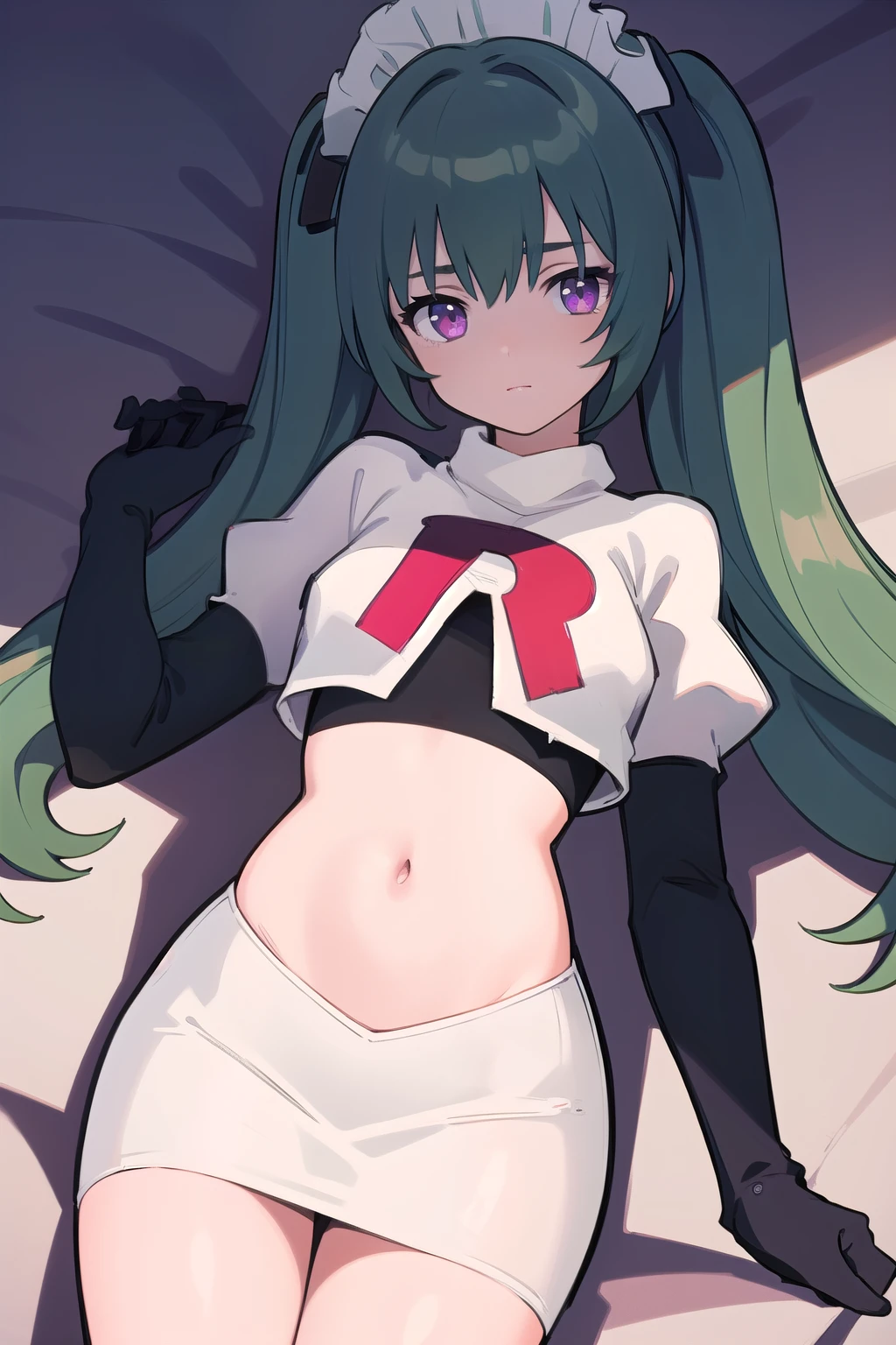 (best quality:1.3),(masterpiece:1.3),(illustration:1.3),(ultra-detailed:1.3),(imid shot:0.9),
1girl,solo,short neck,small breasts,
purple eyes,
twintails, maid headdress,green hair, team rocket,team rocket uniform,white skirt,red letter R,crop top,black thigh-highs,black elbow gloves
