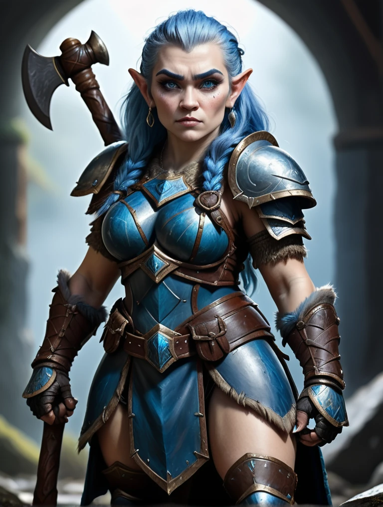 fantasy style dwarf woman with an axe and heavy armor, blue hair