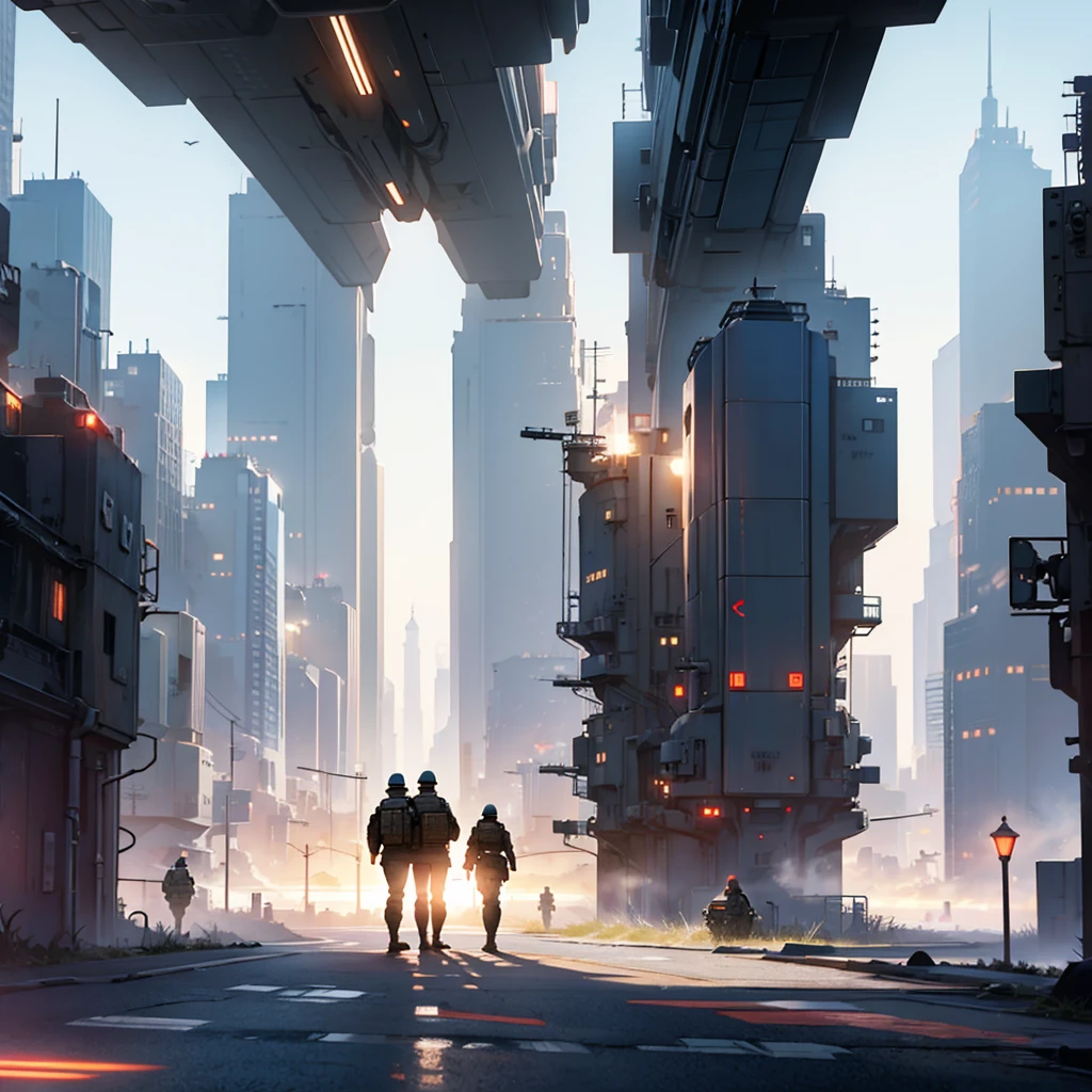 Silhouettes of soldiers facing each other. futuristic city