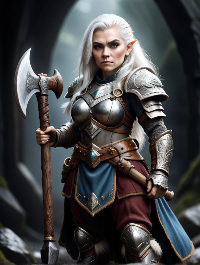 fantasy style dwarf woman with an axe and heavy armor, white hair